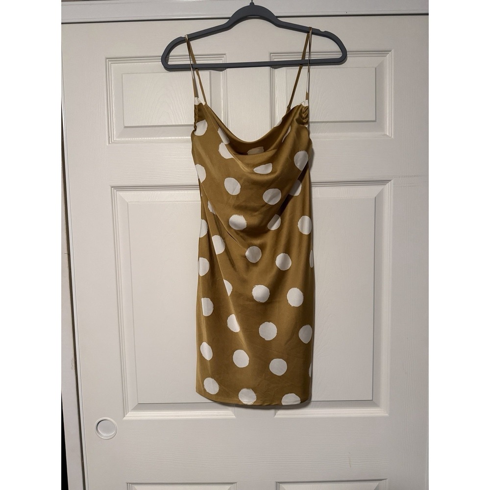 Forever 21 Gold White Polka Dot Tank Mini Slip Dress Silky Cowl Neck Festival
